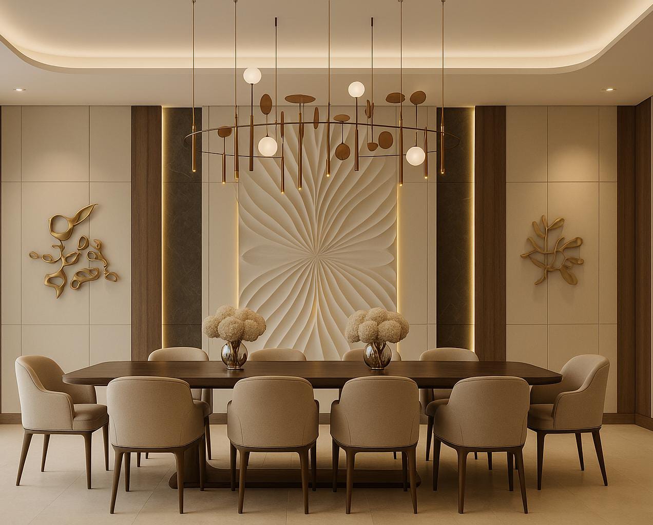 Render of a formal dining room with a dark wood table seating ten beneath a sculptural brass-and-glass-orb chandelier