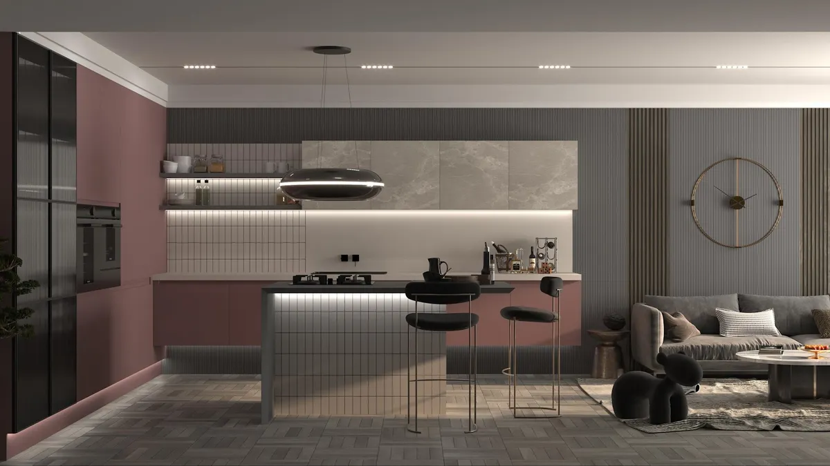 Render of an open-plan kitchen and living space with dusty-pink fluted cabinetry, a marble-clad island under a statement oval pendant light