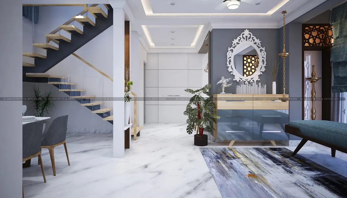 Render of a marble-floored entry-and-dining area with an ornate white carved mirror over a blue-gloss console on splayed oak legs