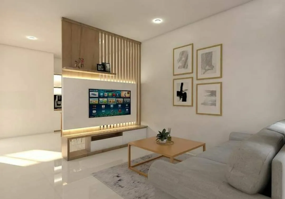 Render of a compact living room where a light-oak fluted batten screen rises over a backlit TV panel and floating console