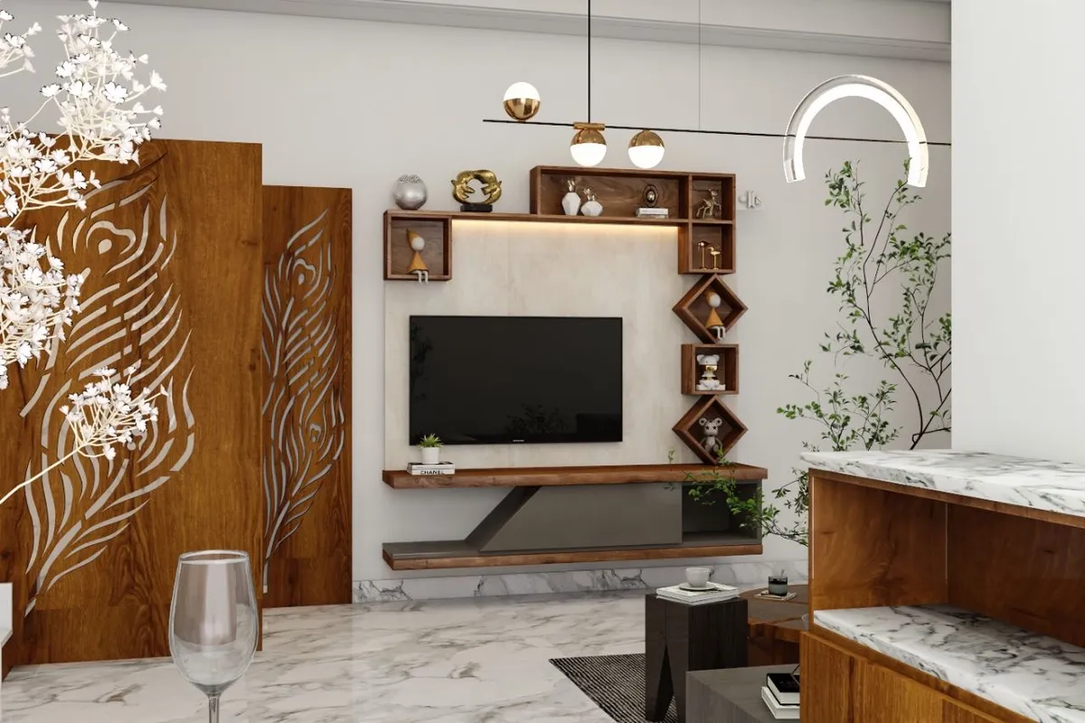 Render of a living room TV wall in marble-look cladding with a floating teak console, stacked diamond and box display niches