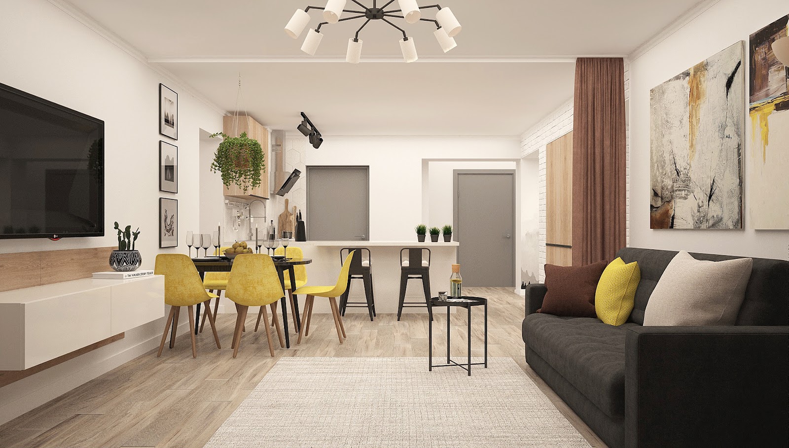 Render of an open-plan living-dining-kitchen space with mustard yellow dining chairs, a sputnik chandelier, a dark grey sofa