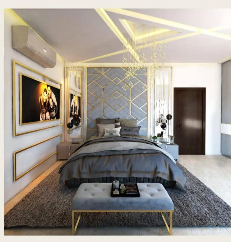 Render of a grey bedroom where gold criss-cross bands run across the cove-lit ceiling