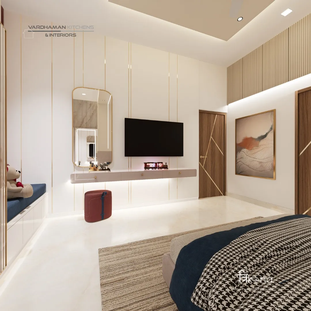 Render of a bedroom with a gold-lined panelled TV wall, an oval vanity mirror, and a navy tufted window-seat bench beside a houndstooth-bedded bed.