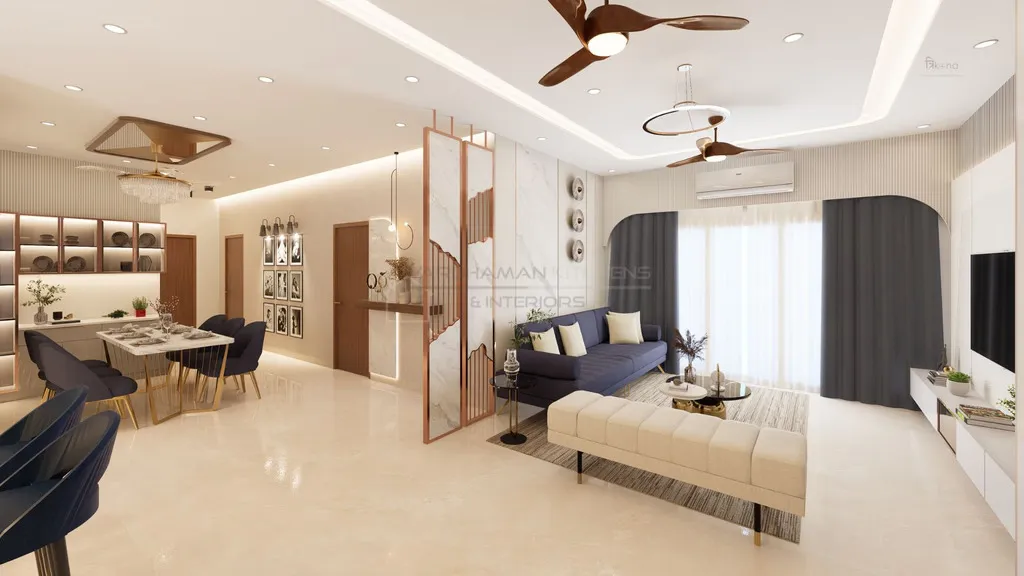 Render of an open living-dining where a navy sofa and cream tufted bench sit under twin wood-blade fans