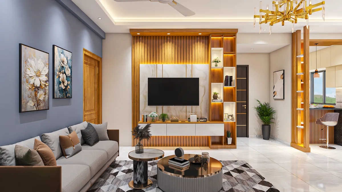 Render of a living room with a teak fluted TV panel over a marble-look backer, brass sputnik chandelier