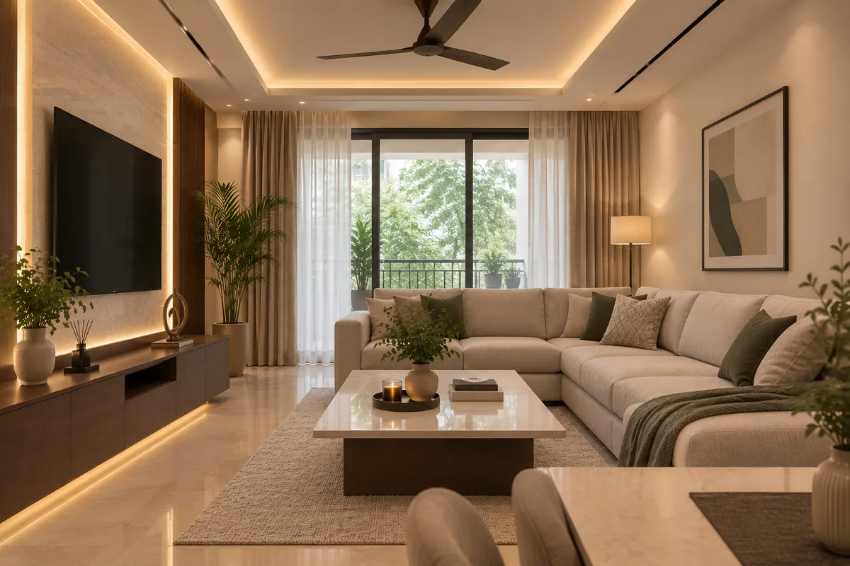 Living room with a stone-clad backlit TV wall, a large beige sectional sofa with olive accent cushions around a square stone-top coffee table