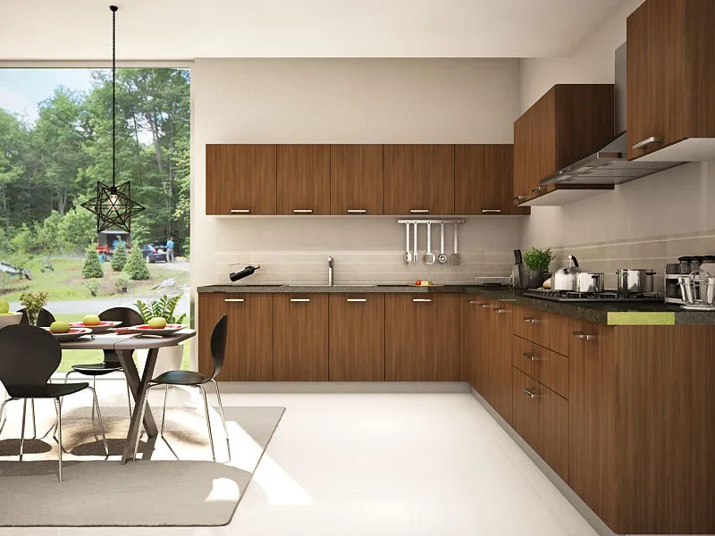 Render of an L-shaped walnut kitchen with slim steel bar handles and a hanging utensil rail