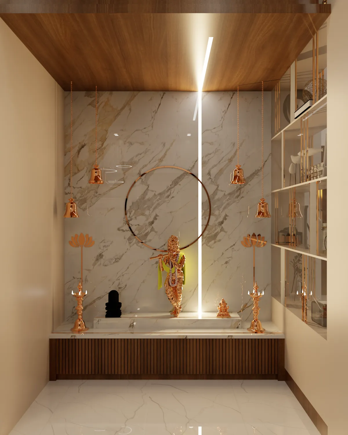 Render of a compact pooja room where a white-and-grey marble backdrop is split by a full-height LED slot