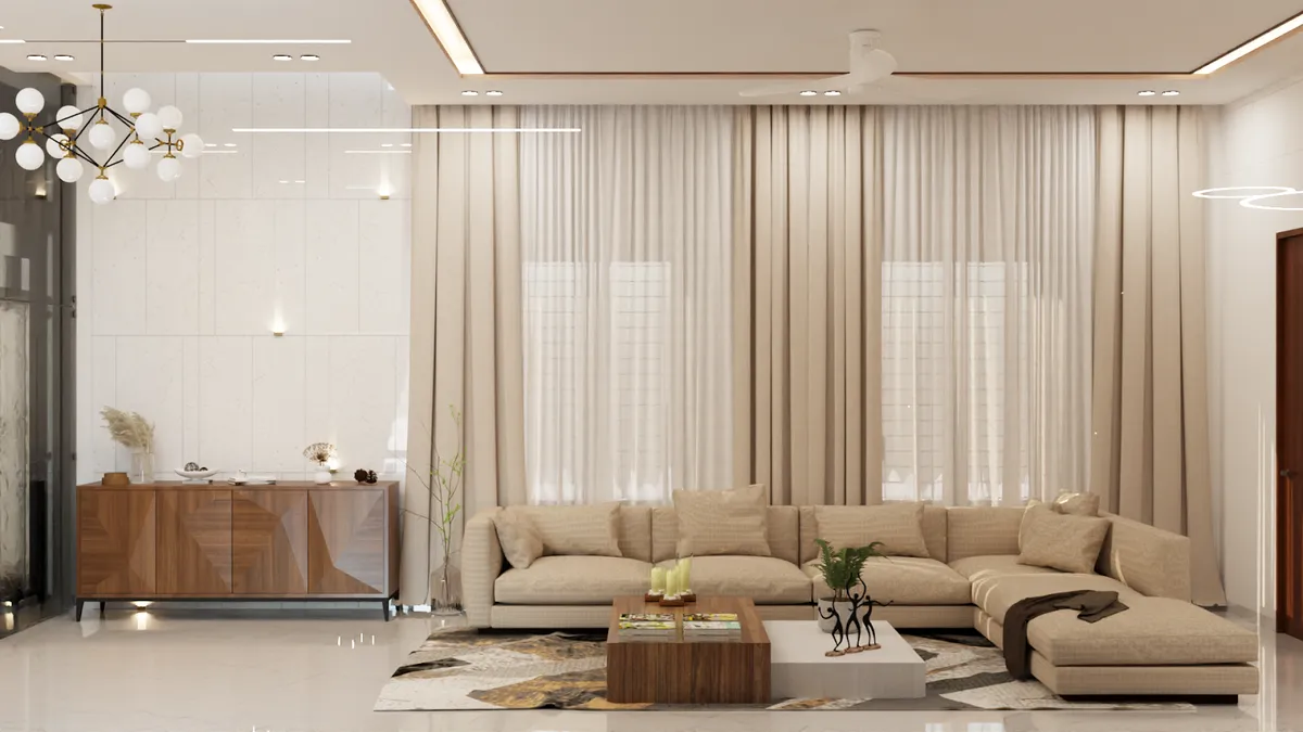 Render of a beige living room with a deep L-shaped sofa set against wall-to-wall sheers and drapes