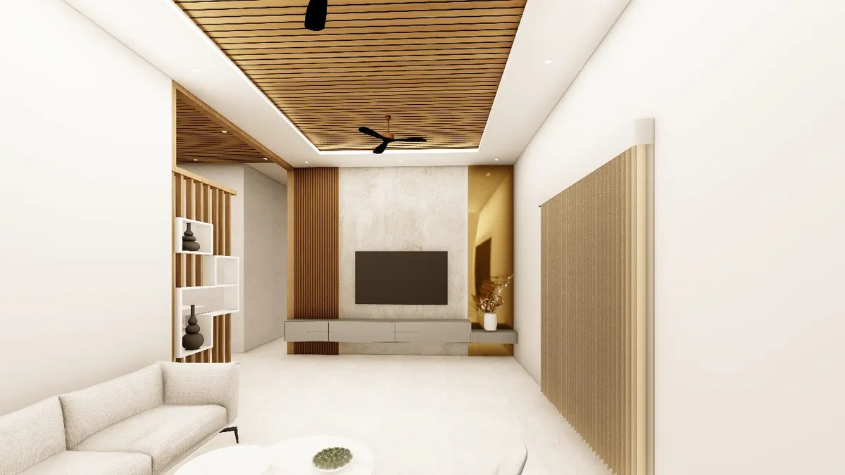 Render of a narrow living room where a full wood-slat ceiling runs to a fluted-wood TV wall with a concrete-finish centre panel