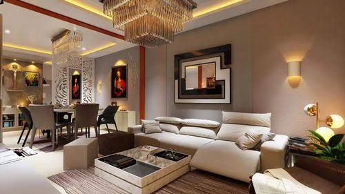 Render of an open-plan living space with a tiered crystal chandelier, a carved white jaali partition screening the dining area, and a cream sectional sofa.
