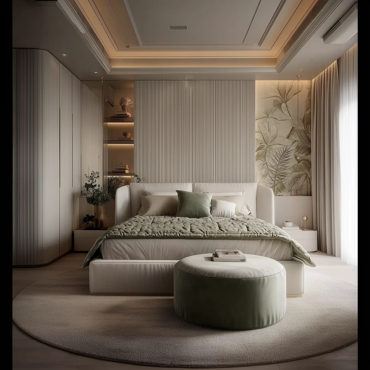 Render of a cream bedroom where a fine fluted headboard wall meets a gold-tinted botanical mural panel by the window, with a curved fluted wardrobe