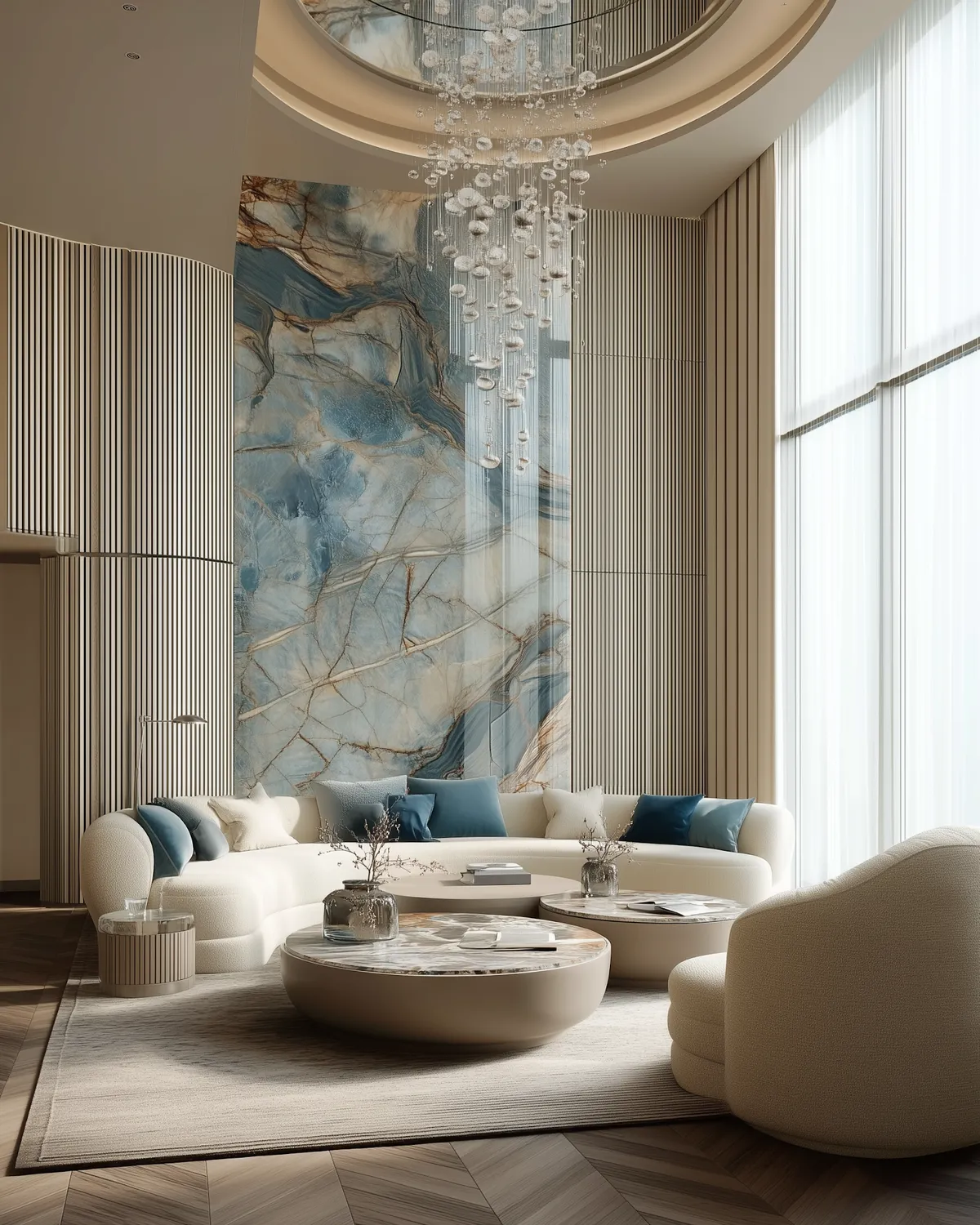Render of a double-height living room with a curved cream sofa, a blue-and-gold veined marble feature wall, fluted panelling