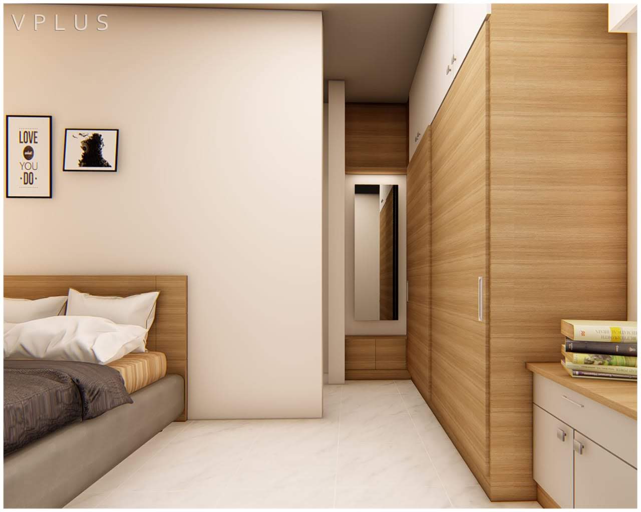 Render of a bedroom with a grey upholstered bed against a cream partition wall hung with framed prints