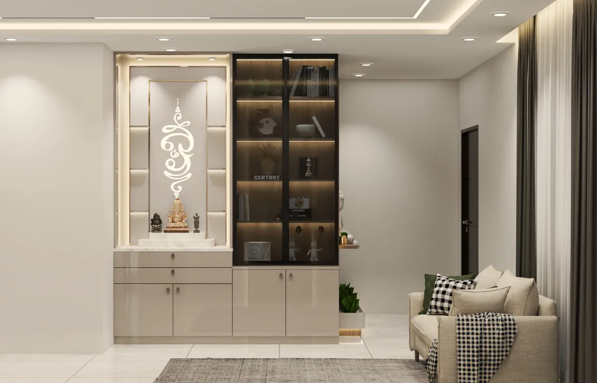 Render of a living room wall built as a backlit pooja niche - white laser-cut motif above a marble platform with the idols on it - joined to a black-framed