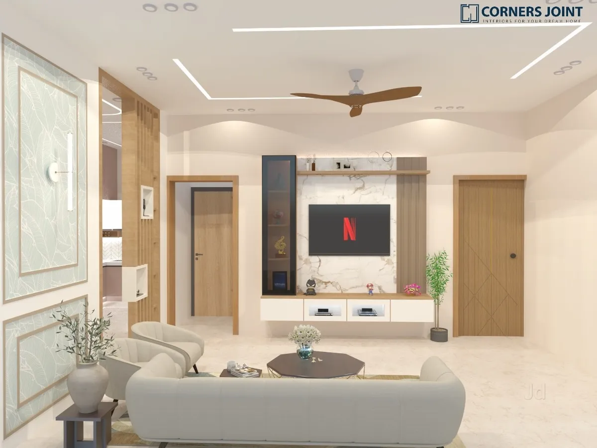 Render of a living room with a floating marble-backed TV unit, fluted wood accent strip, and a leaf-pattern wallpaper panel beside the entry doors.