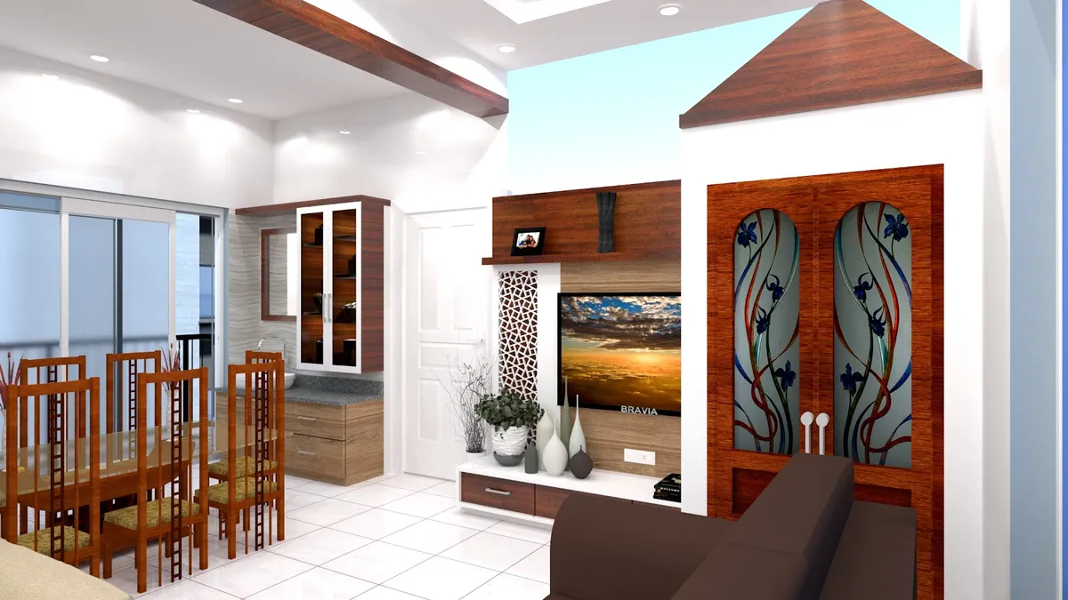 Render of an open living-dining space with a wood-panelled TV unit backed by a jali cutout screen