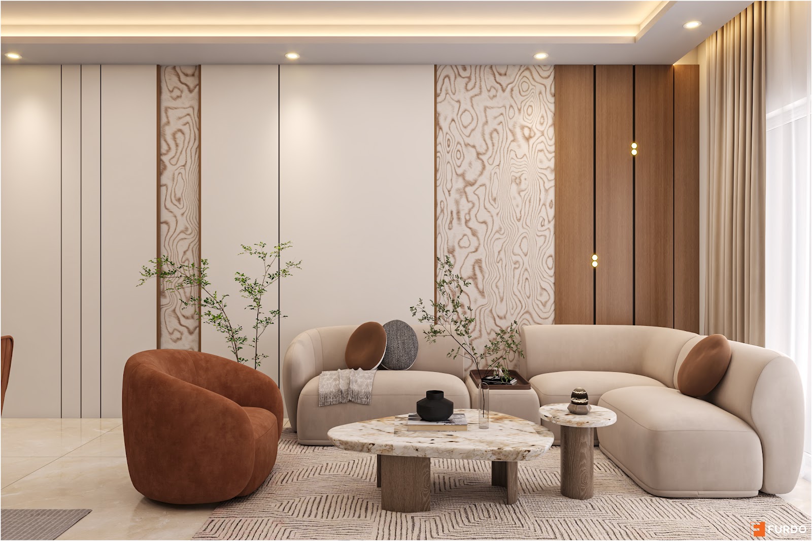 Render of a living room with a curved beige sectional sofa, a rust-orange bouclé swivel armchair, live-edge wood-grain wall panels
