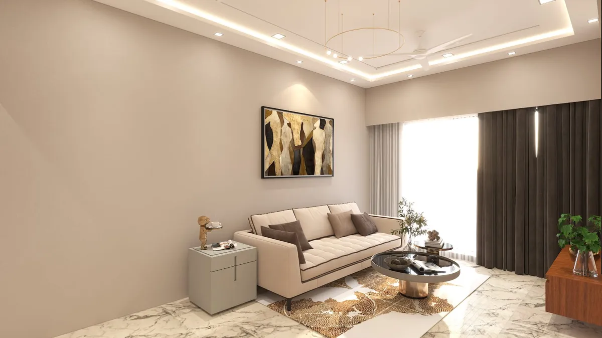 Render of a living room with a cove-lit stepped false ceiling, a ring pendant chandelier, a beige tufted sofa