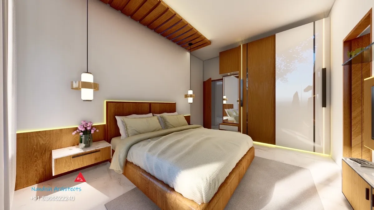 Render of a teak-and-white bedroom with a diagonal timber-batten ceiling band, cylinder pendants dropping either side of a teak headboard lit by a concealed