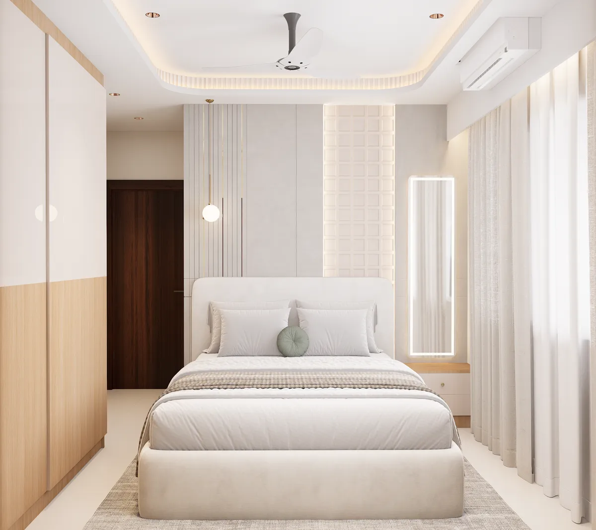 Render of a bedroom with an upholstered storage bed, a wood-and-white wardrobe, a backlit full-length mirror and a globe pendant against a fluted feature wall.