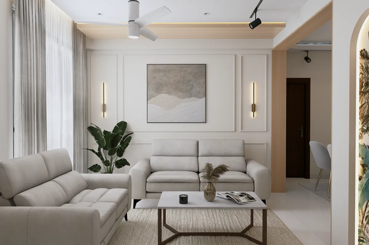 Render of a pale living room with two stone-grey sofas facing a marble coffee table on a jute rug