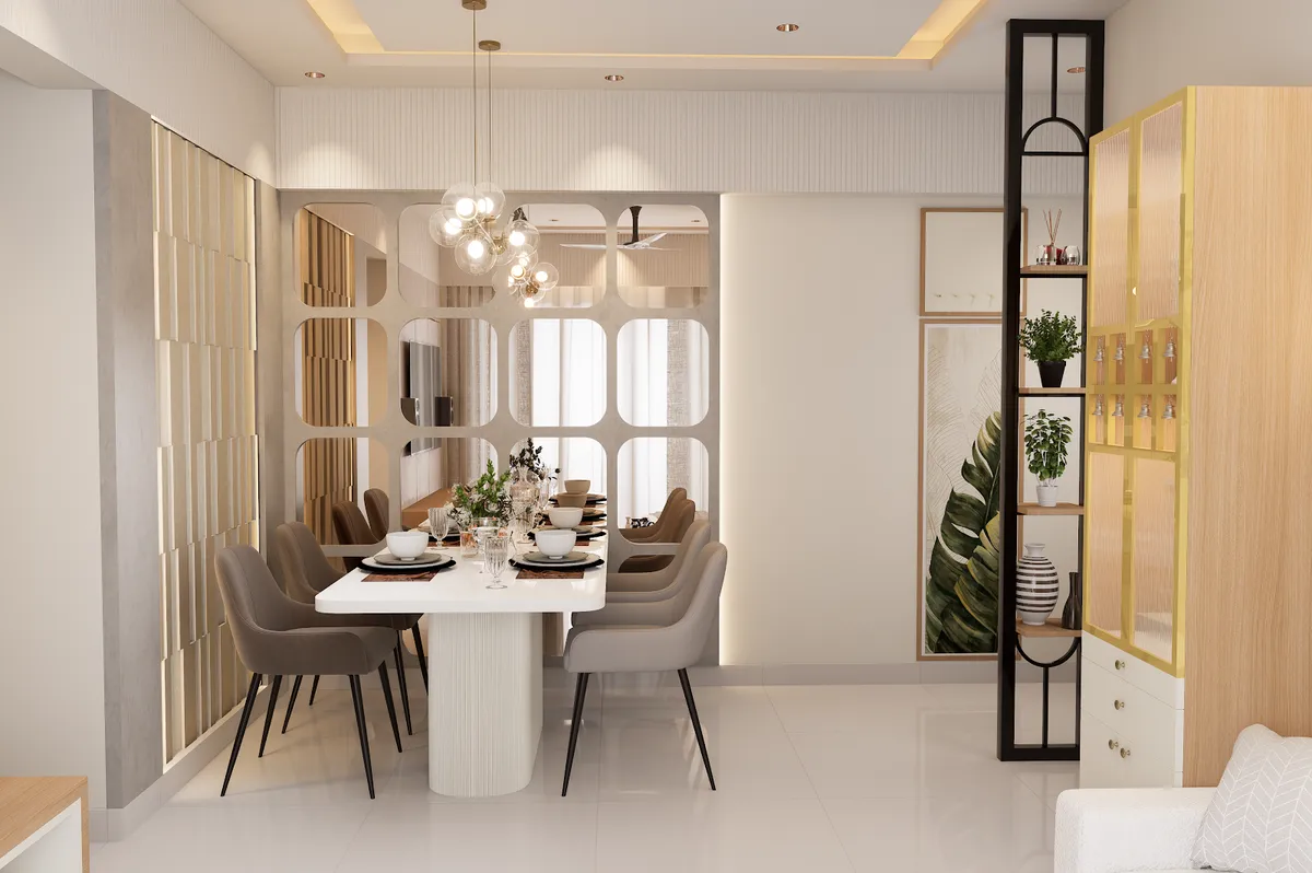 Render of a dining space where an oval white ribbed-pedestal table and six taupe chairs sit under a brass bubble-glass chandelier against a wall of