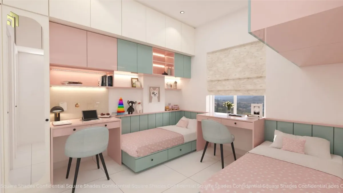 Render of a twin children's bedroom in blush and mint joinery, with two drawer-storage beds tucked under an L of overhead cabinets