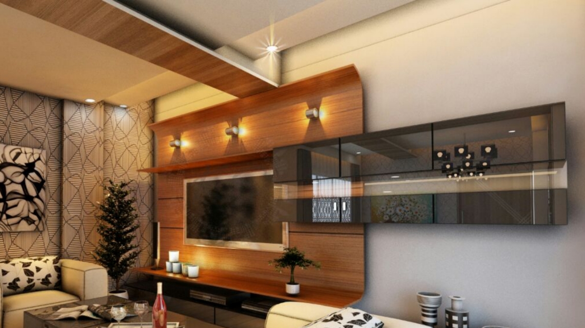 Render of a living room with a curved walnut veneer TV feature wall lit by cylindrical wall sconces, black glass display cabinets, geometric wallpaper