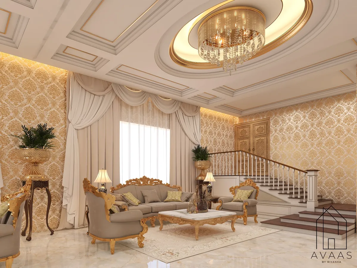 Render of an ornate living room with gold carved-frame sofas on a cream rug, gold damask wallpaper
