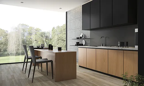 Render of a kitchen with matte black and wood two-tone cabinetry, a marble waterfall island, a board-formed concrete accent wall