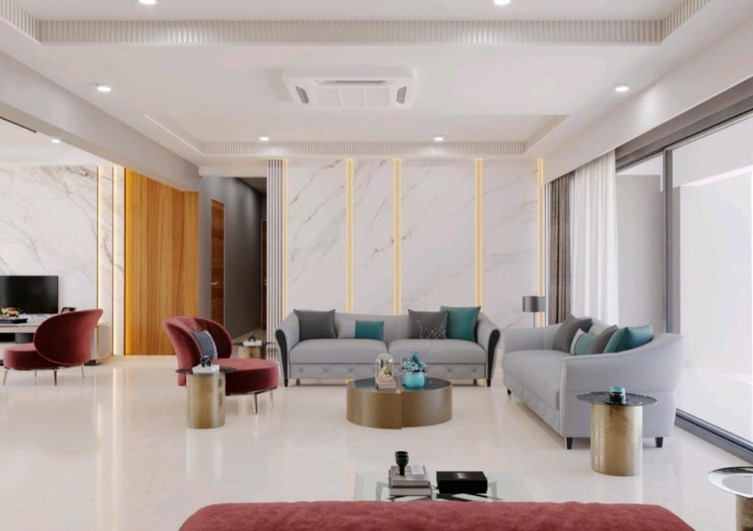 Rendered living room with a backlit marble slab feature wall, grey sofas dressed in teal and grey cushions