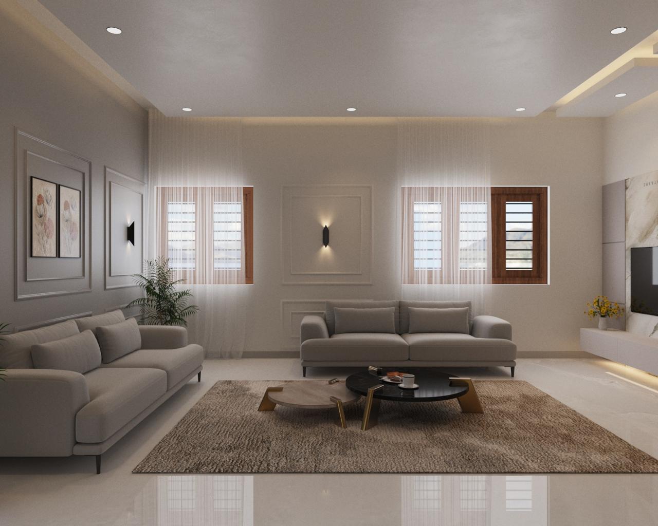 Render of a living room with two facing grey sofas around a black marble nested coffee table on brass legs, framed botanical prints on a moulded panel wall.
