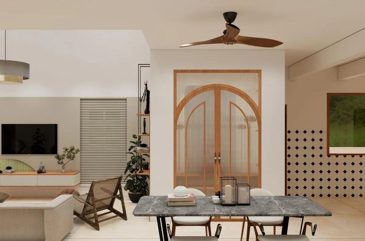 Render of an open living-dining space with an arched fluted-glass double door, a floating TV console, a rattan accent chair and a black marble dining table.