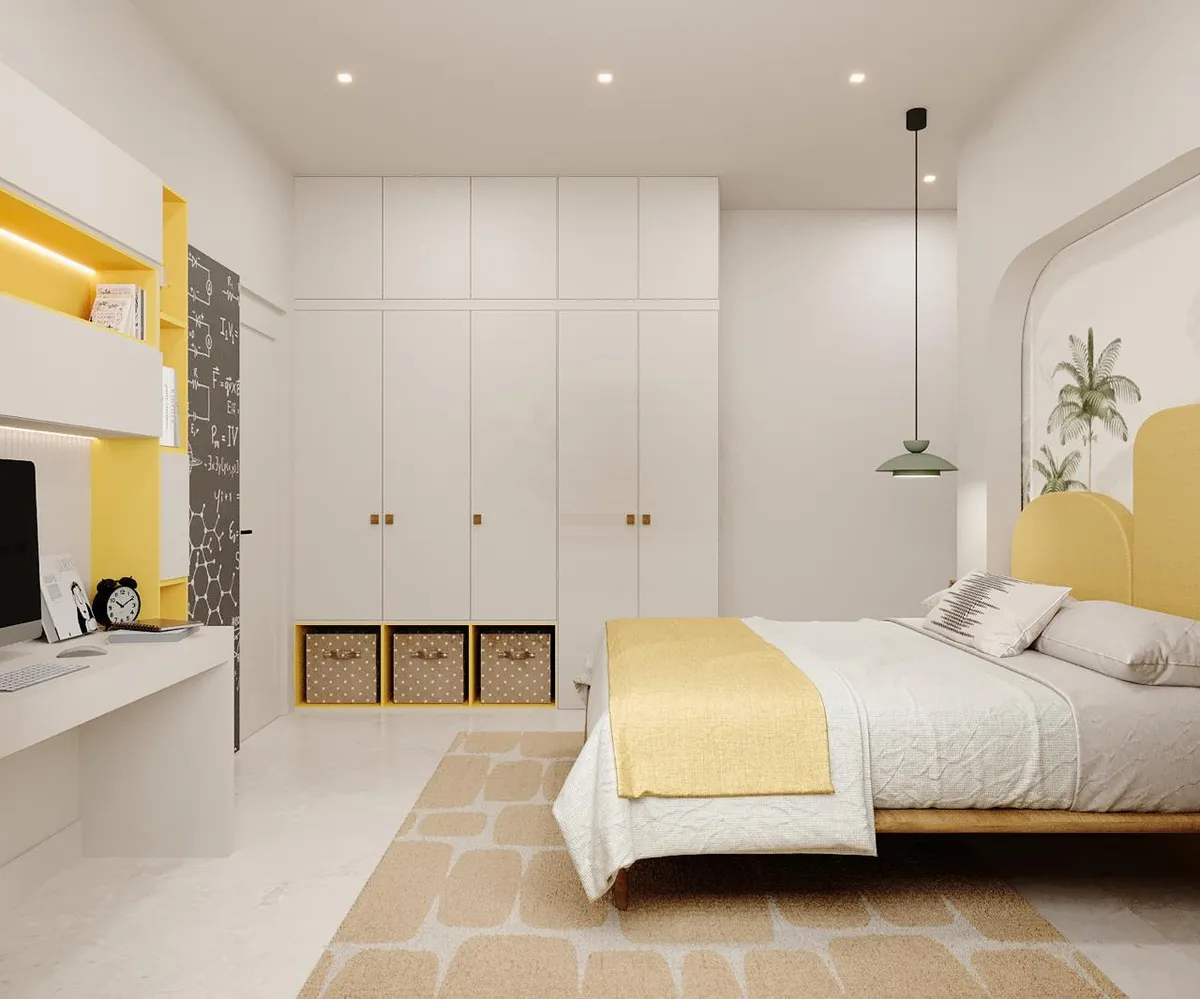 Render of a student's bedroom in white and mustard, with a chalkboard panel of physics formulas beside the wall-hung desk