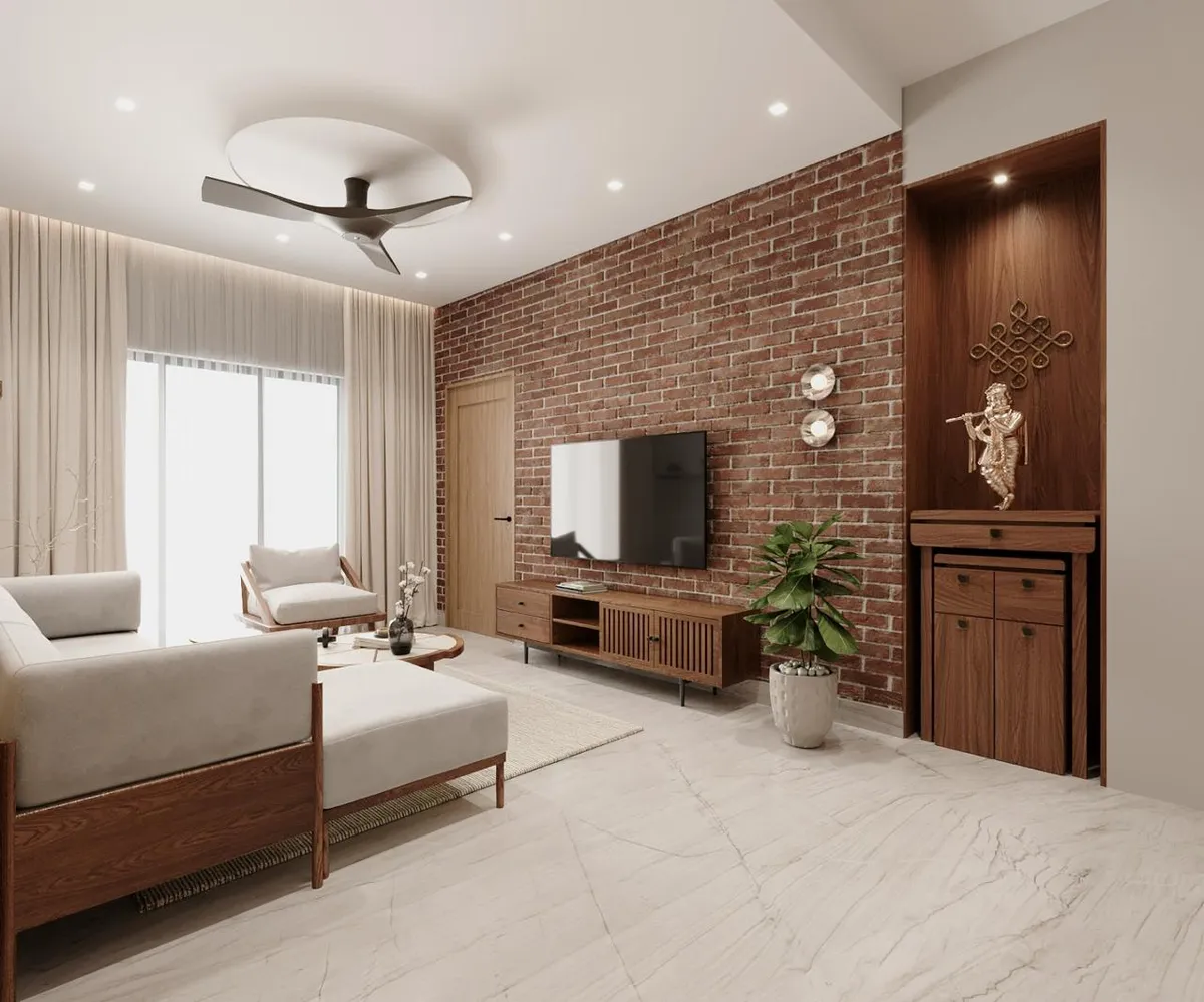 Render of a living room where an exposed red-brick TV wall runs into a full-height walnut pooja niche with a lit brass Krishna idol
