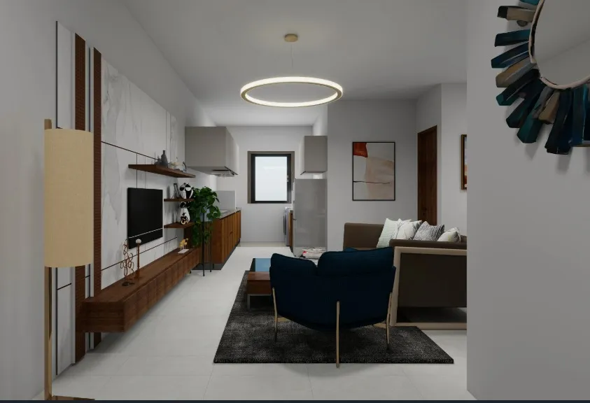 Render of a narrow open-plan living room with a navy tub chair on a charcoal rug, a walnut floating TV console against a marble-look panel wall and the kitchen