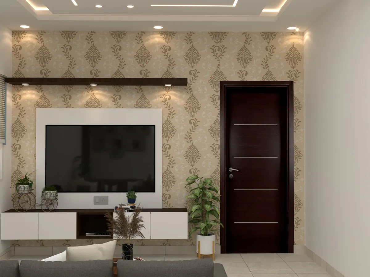 Render of a living room TV wall in beige damask wallpaper, with a white floating console