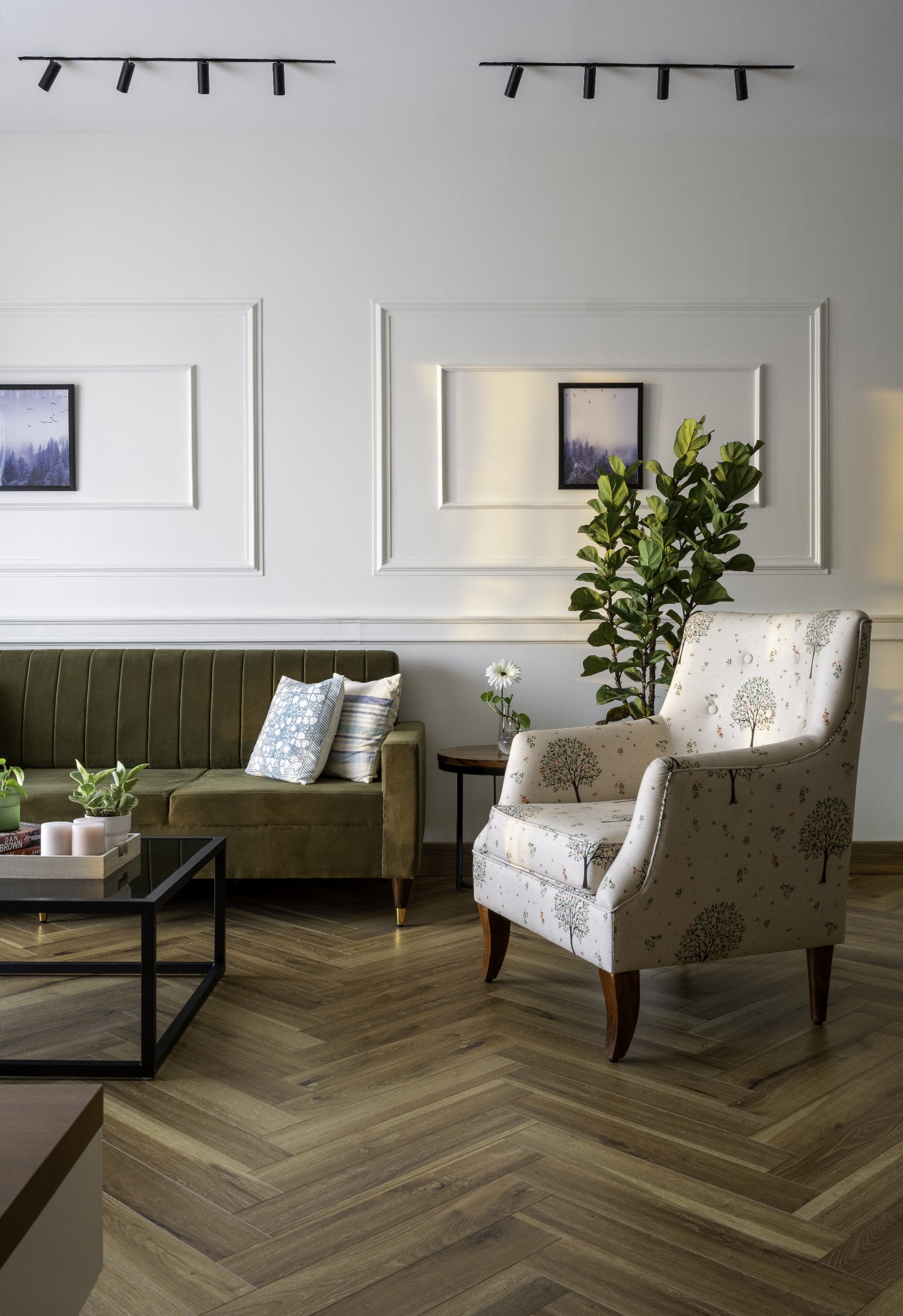 earthy traditional living room with moulding — real Indian home