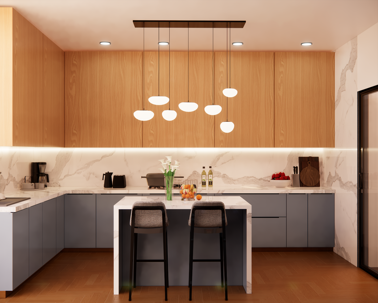 Render of a modern kitchen with oak-veneer upper cabinets, a marble waterfall island, and a cluster of globe pendant lights over bar seating.