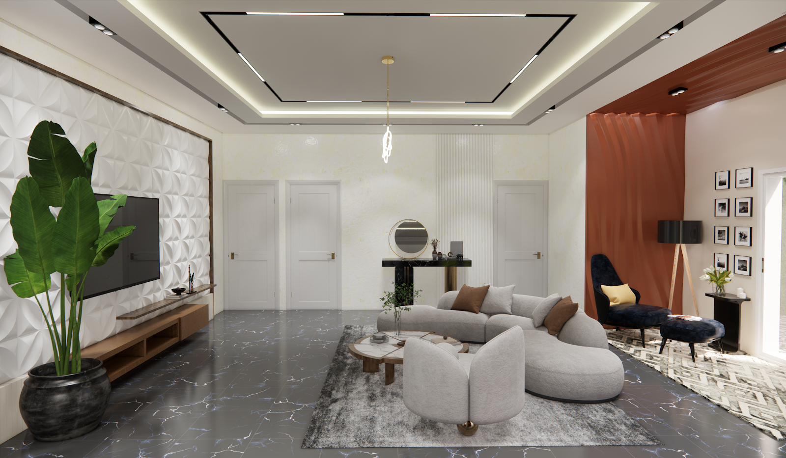 Render of a living room with a curved boucle sectional sofa, a 3D geometric white wall panel behind the TV