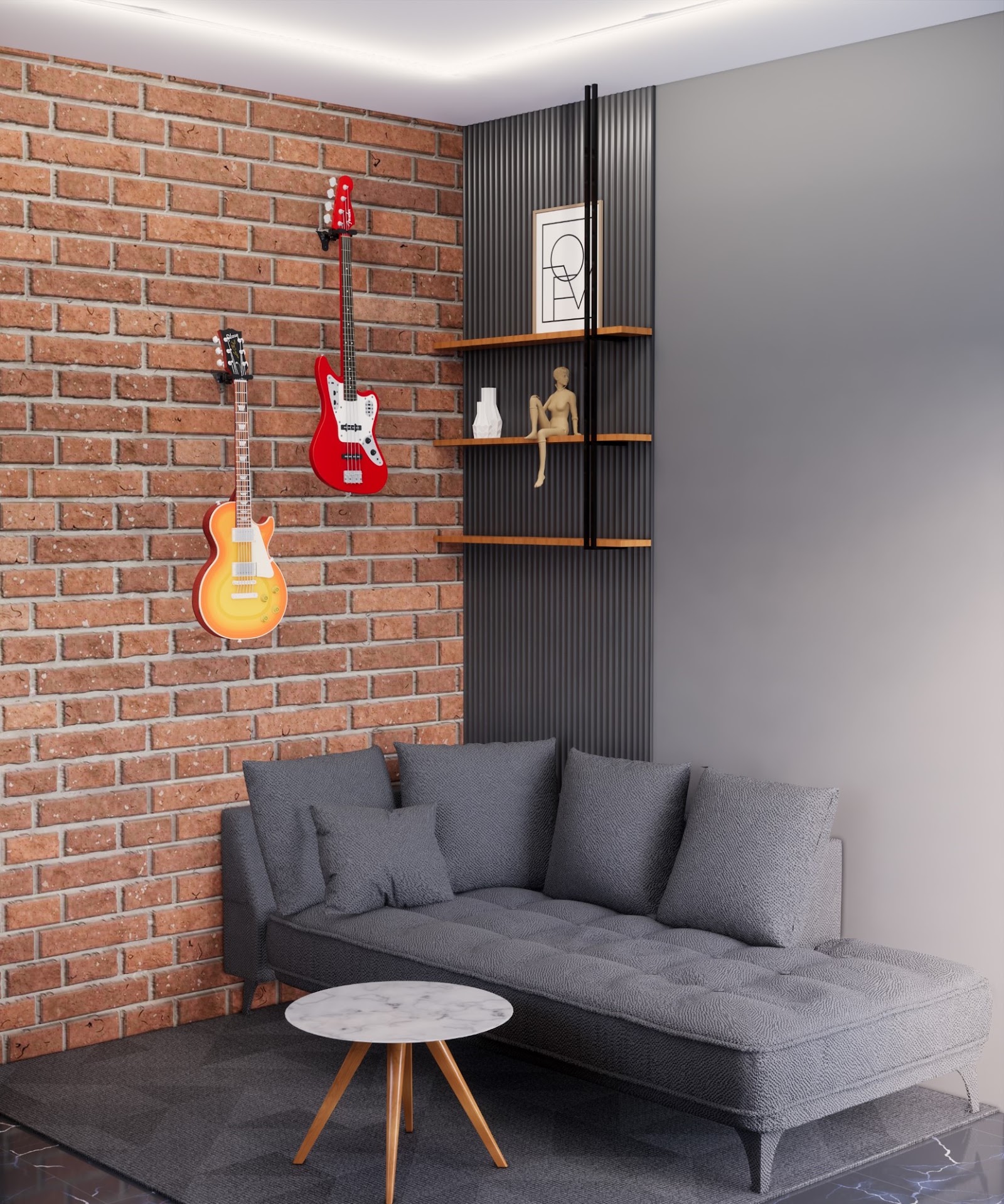 Render of a living-room corner with an exposed brick wall displaying wall-mounted guitars, a dark fluted panel with floating wood shelves