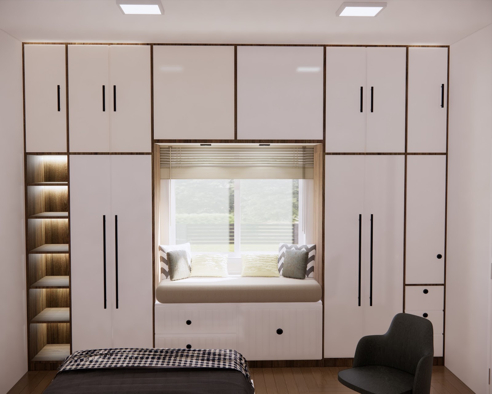 Render of a bedroom with a floor-to-ceiling white wardrobe wall wrapping a built-in window seat with storage drawers below.