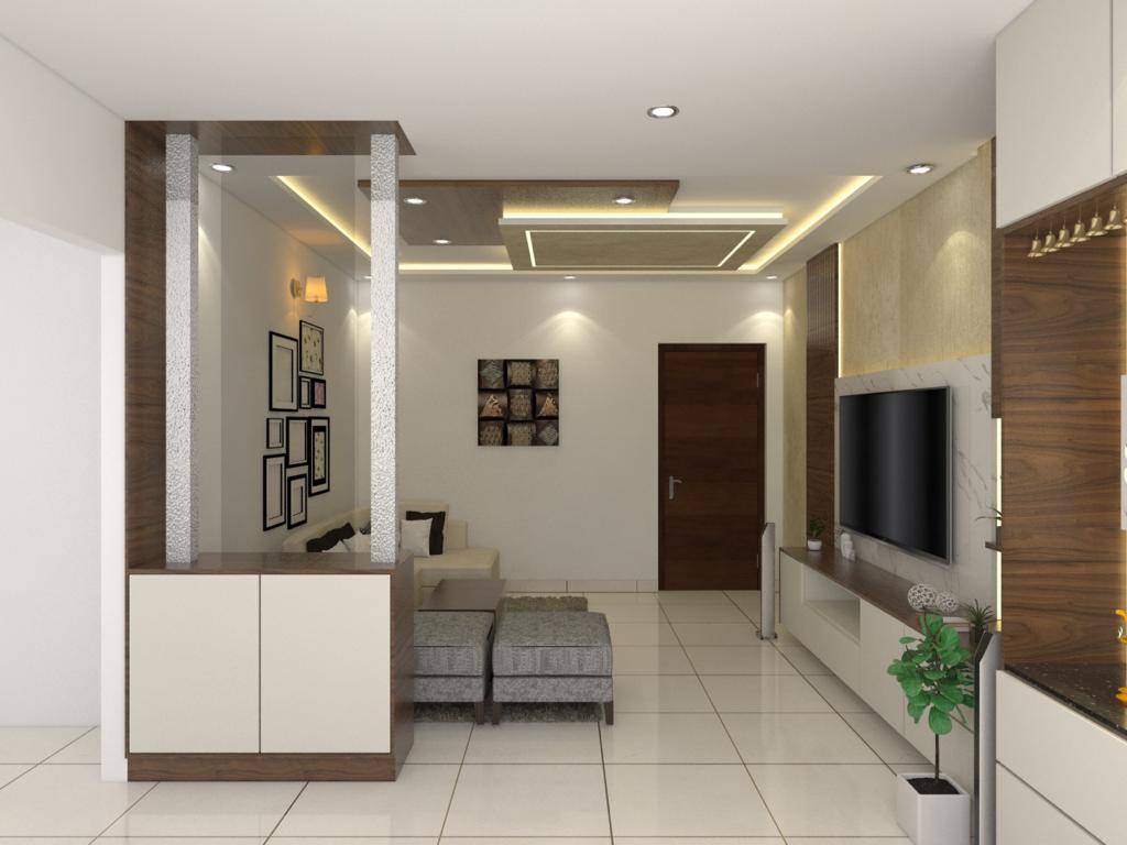 Render of a living room with a gold-and-marble TV feature wall, a cream sofa with grey ottomans