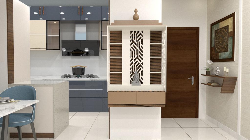 Render of a central built-in pooja unit with a laser-cut jaali screen and a Ganesha idol, flanked by a grey modular kitchen and the main door.
