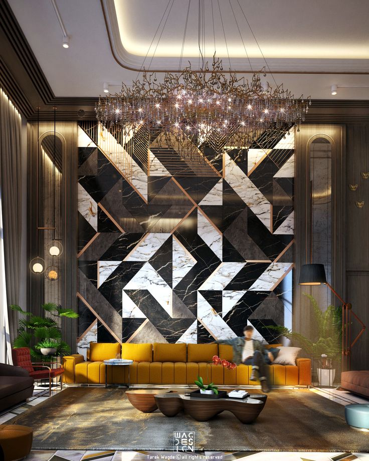 Render of a living room with a dramatic black-and-white marble geometric feature wall inlaid with brass, a mustard yellow sofa