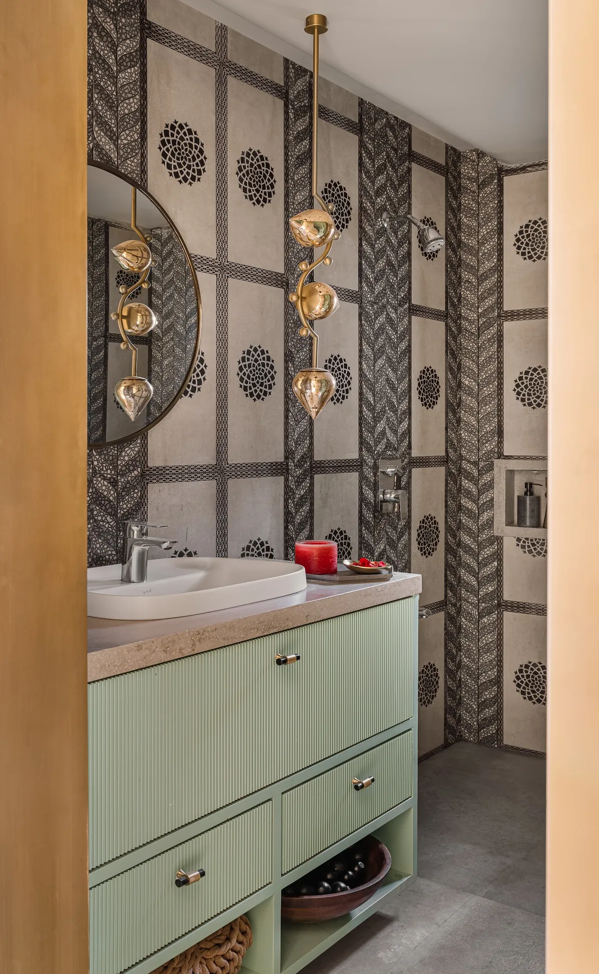 earthy boho bathroom with vanity — real Indian home