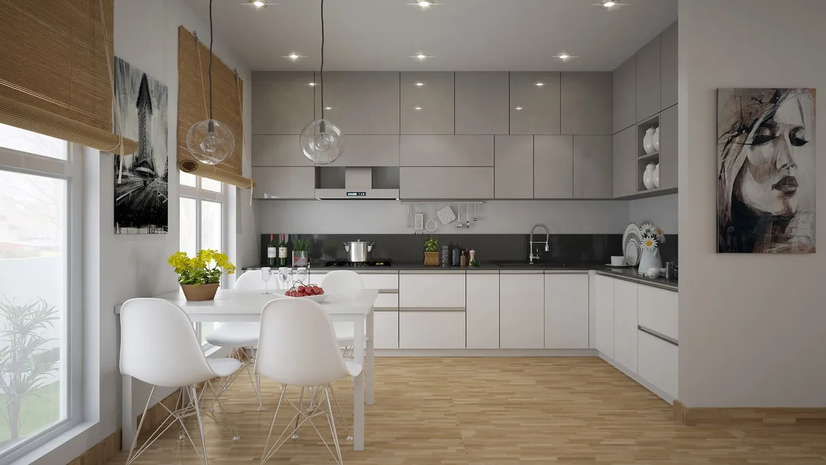 Render of an L-shaped handleless kitchen in matte white and grey-beige gloss running to the ceiling