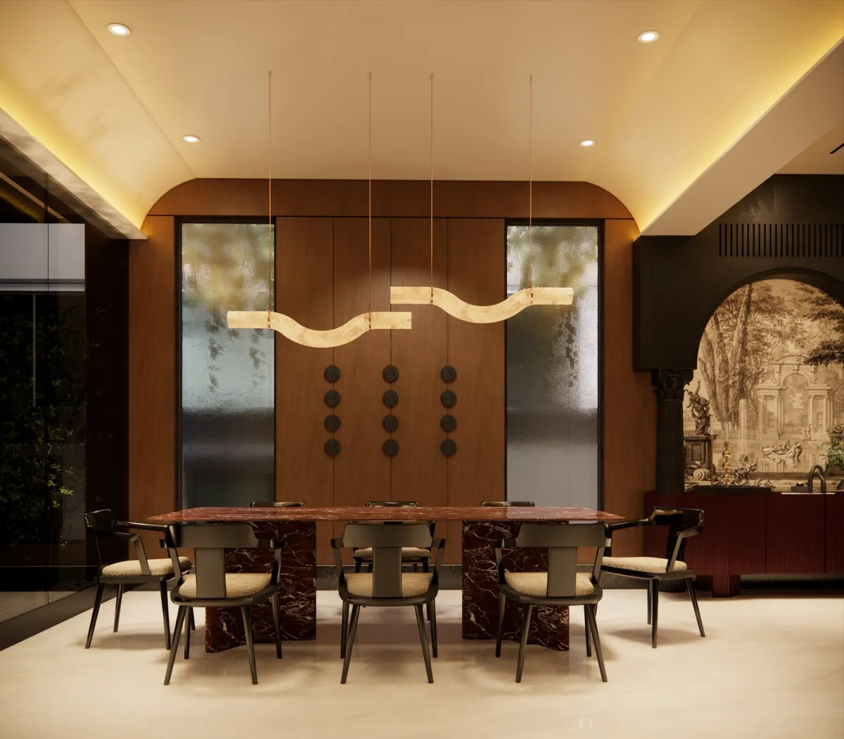 Render of a dining room with a wavy alabaster-look linear pendant over an oxblood marble table, walnut plank panelling flanked by tall reeded-glass panels
